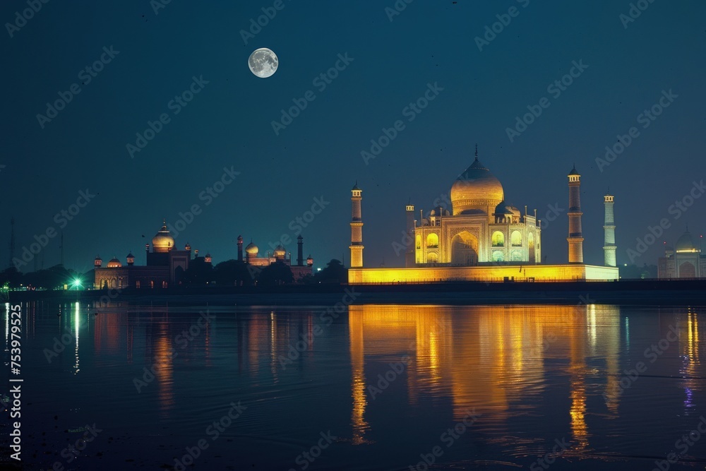 Mosque with a view at night with beautiful lights and a shining moon. Generate AI image