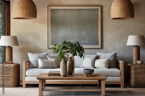 Bamboo Light Fixtures and Linen Upholstery: Natural Living Room Decor with Muted Greens