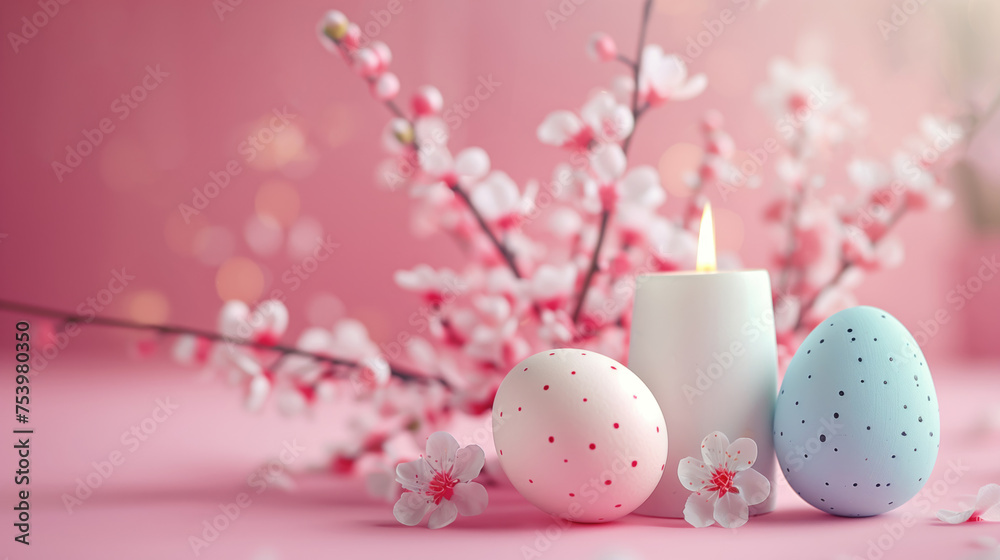 Fototapeta premium Pink easter eggs and candles with soft bokeh background.