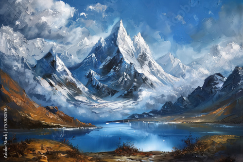 Mountains Scenery Landscape Oil Painting, Artwork, Generative AI © Vig