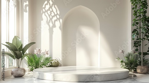 Realistic 3d render with podium, plant, flower, window, light for Ramadan or Eid sale offer and promotion empty display abstract background - generative ai