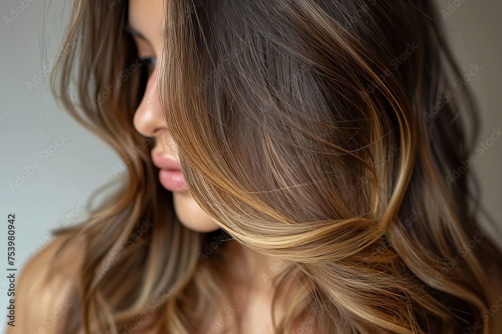 Beautiful hairstyle of young woman after dyeing hair and making highlights in hair salon Beautiful hairstyle of young woman after dyeing hair and making highlights in hair salon