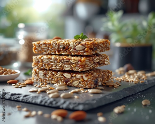 Pilha de barras de cereais com nozes e sementes de girassol, close-up culinário.