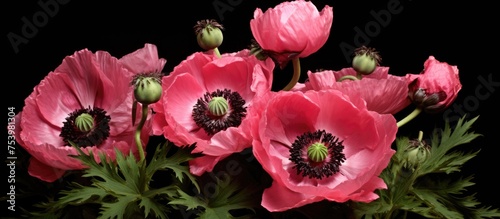 A collection of pink flowers with ruffled petals, known as perennial Oriental poppies, are arranged in a vase. The vibrant pink blooms stand out against the green stems and leaves, creating a stunning