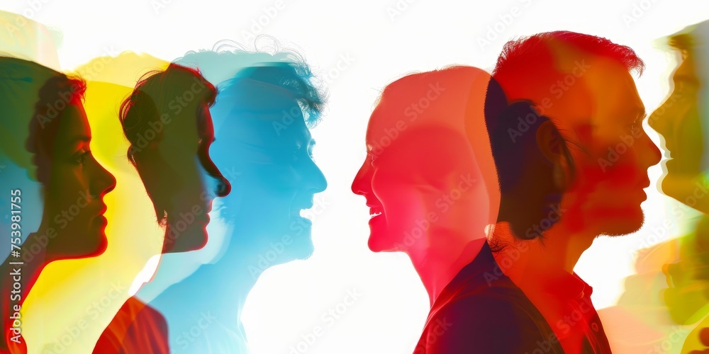 People talking. Colored silhouette profiles. Multiple exposure 