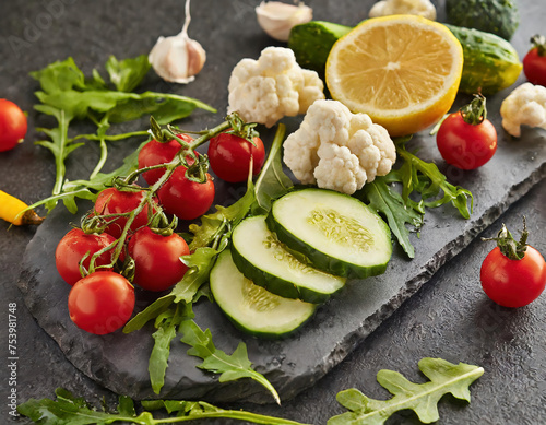 Vegetables on slate plate with arugula, cherry tomatoes, cauliflower and lemon