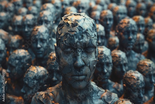 An artistic depiction of a crowd of faces in uniform blue texture  with a singular focus on the front figure