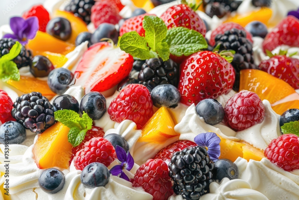 A colorful fruit pavlova with whipped cream and a medley of berries A colorful fruit pavlova with whipped cream and a medley of berries