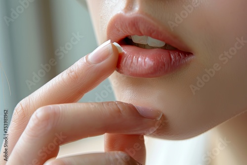 A detailed view of a person applying lip balm focusing on the lips and product