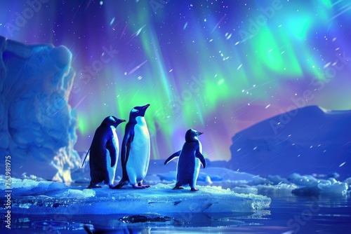 A family of penguins waddling on a glittering ice floe under the aurora borealis