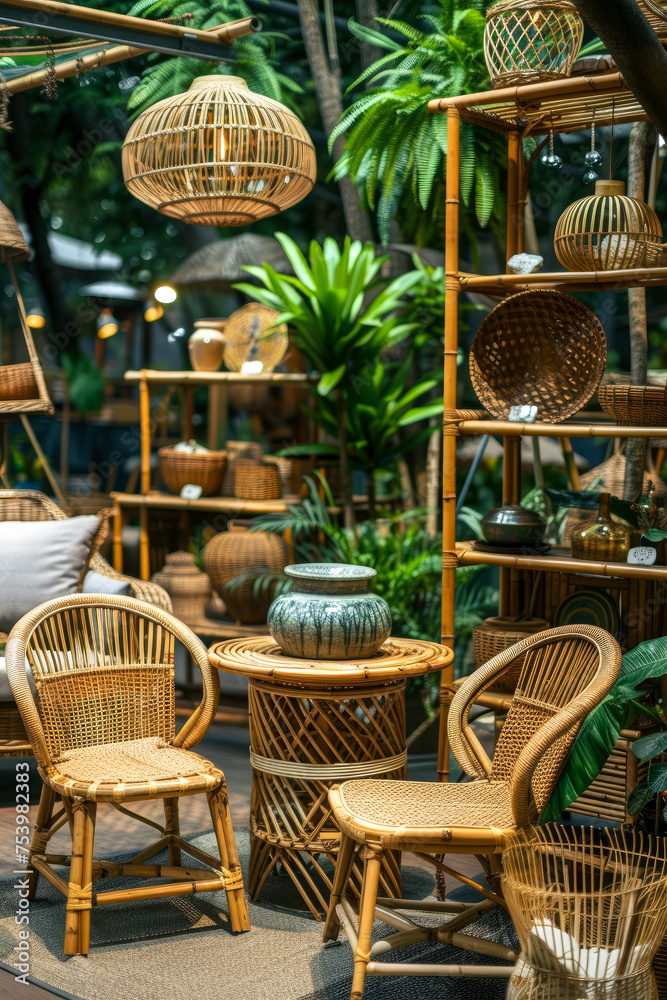Harmonious Home: Bamboo Furniture Collection Set in Lush Greenery 🎍 Crafted for Eco-Conscious Living & Versatile Decor 🌿