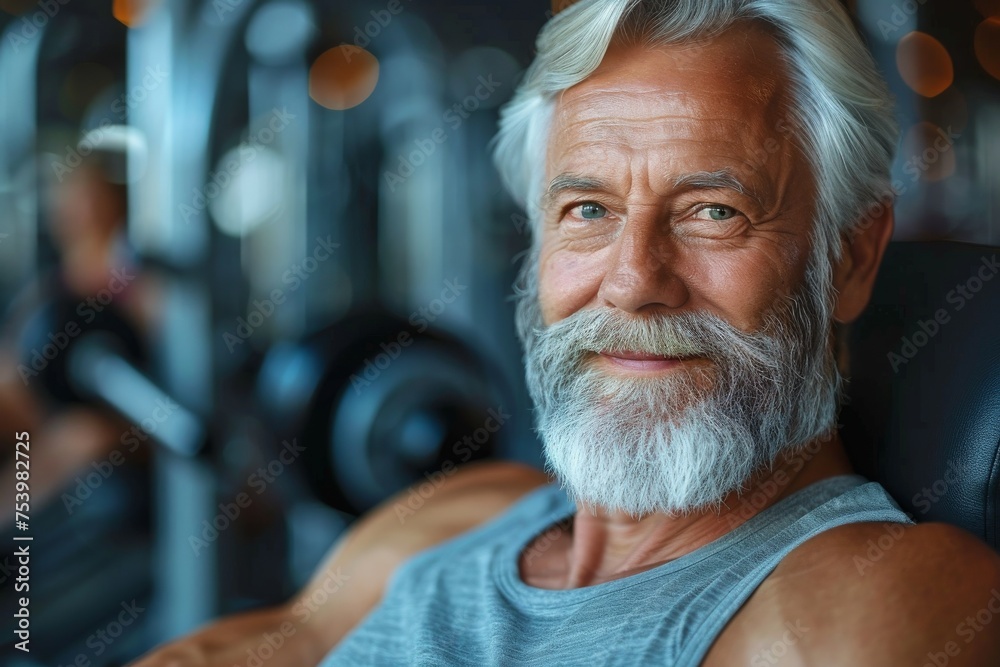 Welcoming elderly man with a white beard smiling in a gym setting, giving a sense of vitality Welcoming elderly man with a white beard smiling in a gym setting, giving a sense of vitality