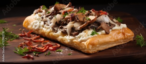 A piece of bread topped with mushrooms and onions, creating a savory and flavorful dish. The mushrooms and onions are sliced thinly and evenly spread across the bread.