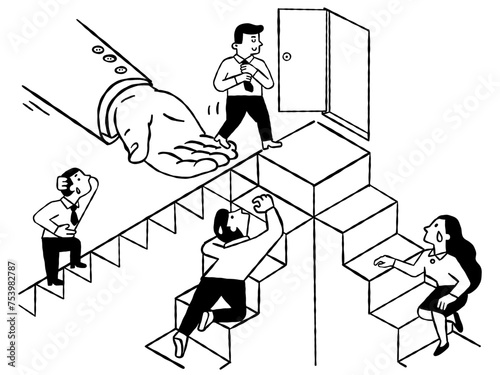 Someone has more opportunities or advantage than other people to reach the goal or success. Outline, thin line art, hand drawn sketch design, ink style.  