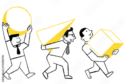 Three businessman choose and carrying different shapes, symbolizing to variation of people who have different way, choices, individual, ideas. Outline, thin line art, hand drawn sketch, ink style.