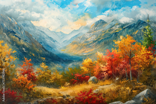 Mountains Scenery Landscape Oil Painting, Artwork, Generative AI © Vig