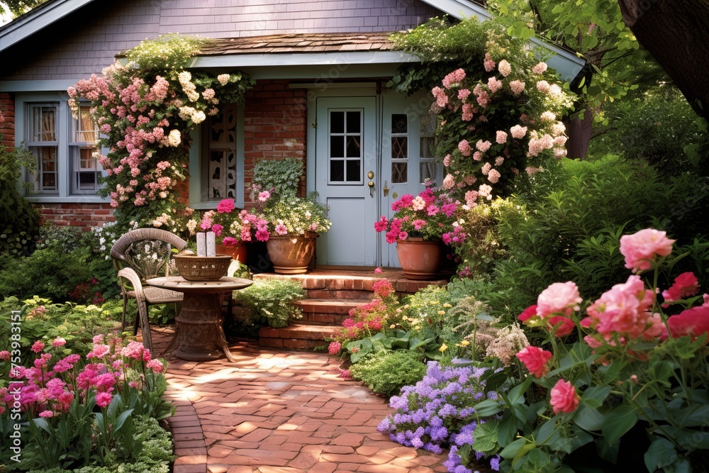 Vintage Charm: Enchanted Cottage Garden Patio Inspirations with Flowering Plants and Quaint Garden Decor