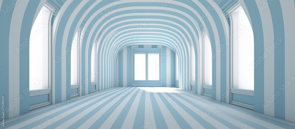 A long hallway with white and blue vertical stripes on the walls, creating a visually striking architectural background. The hallway appears empty, wide, and bright, with a clean and minimalist design