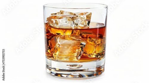 Glass of whiskey with ice isolated on white background