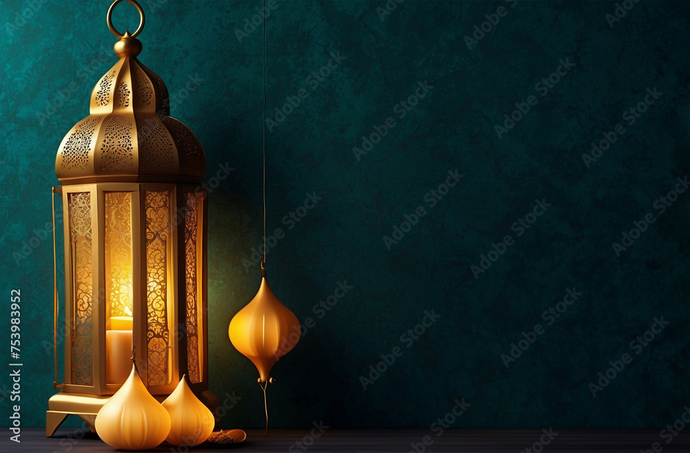 Obraz premium Eid Mubarak concept Islamic style golden frame design with lanterns on dark aqua background