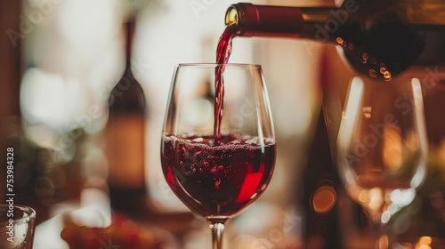 Red wine being poured in to wine glass with blurred background photo