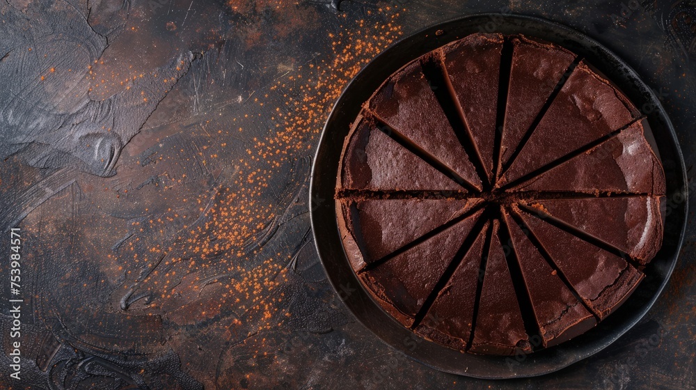 Sliced chocolate tort on dark background, overhead view