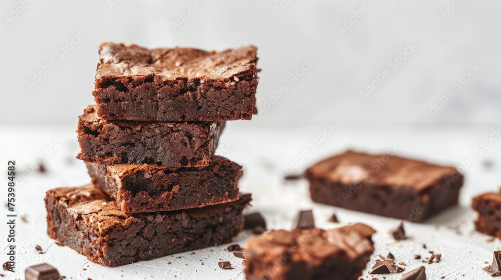 stack of chocolate brownies on white background, homemade bakery and dessert. Bakery, confectionery concept