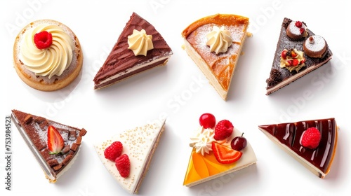 Set with different cake pieces isolated on white, top view. Banner design photo