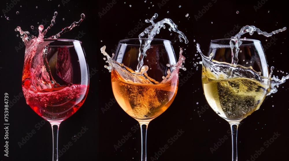 Three glasses with red, rose and white wine plash
