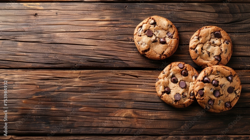 Traditional chocolate chip cookies on rustic wooden table. Space for text. View top. Traditional chocolate chip cookies on rustic wooden table. Space for text. View top.