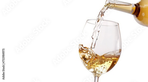 White wine being poured into a wineglass, isolated on white background photo