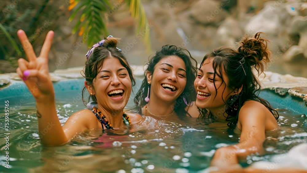 Three Gen-z Asian young women laughing and making peace signs in a hot spring Three Gen-z Asian young women laughing and making peace signs in a hot spring
