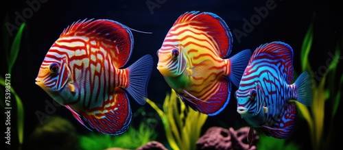 A couple of colorful discus fish gracefully swim in the water of an aquarium. Their vibrant hues and graceful movements create a mesmerizing sight. © 2rogan