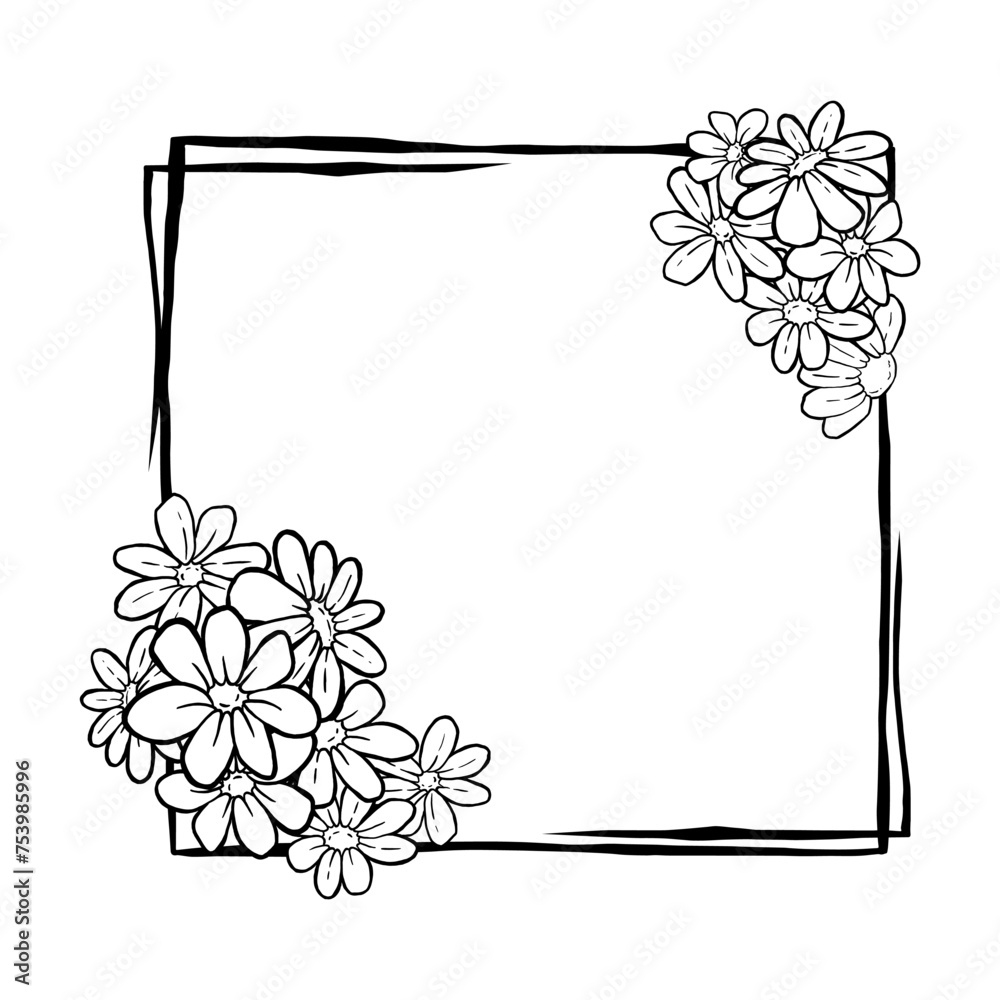 Black line Rectangle Frame with Daisy Flowers. Vector illustration for decorate logo, text, wedding, greeting cards and any design.