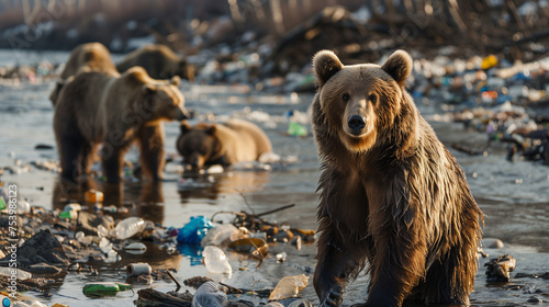 Family of bears rummaging through garbage in polluted waterways.  photo