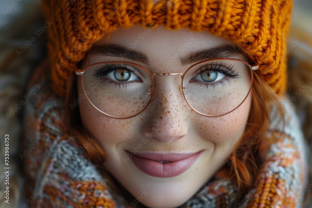 A cheerful woman with bright eyes and a knit hat smiles warmly in a close-up A cheerful woman with bright eyes and a knit hat smiles warmly in a close-up