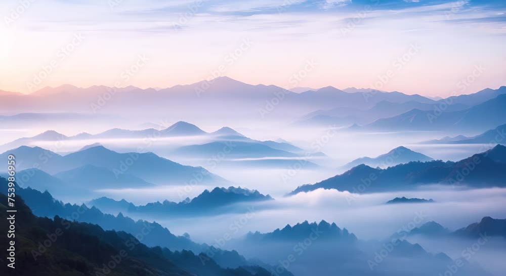 Misty mountain range, sunrise hues Misty mountain range, sunrise hues