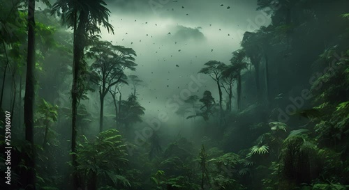 Moody rainforest mist, ethereal nature with text area