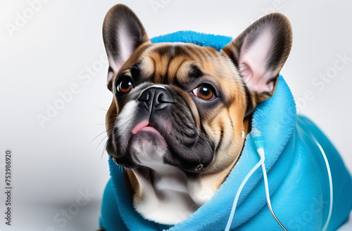 french bulldog dog very sick with ice pack or bag on head, eyes closed and suffering , thermometer in mouth , isolated on white light blue background photo
