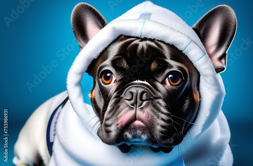 french bulldog dog very sick with ice pack or bag on head, eyes closed and suffering , thermometer in mouth , isolated on white light blue background photo