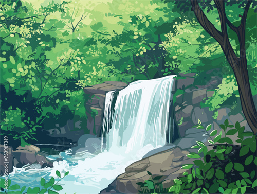 Waterfall surrounded by trees and rocks in a forest