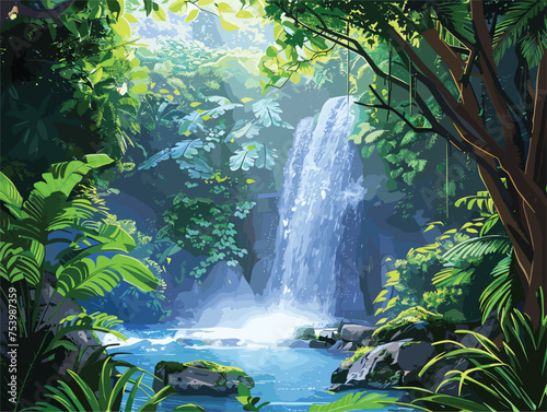 Waterfall amidst lush greenery in a forest, showcasing natures beauty