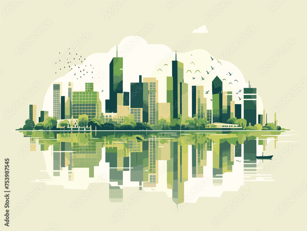 Cityscape with green skyline, trees and birds reflected in water