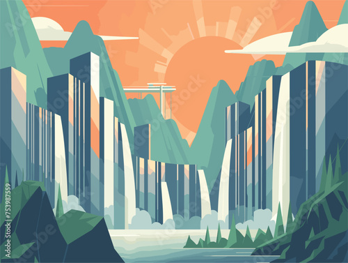 an illustration of a waterfall with a city in the background