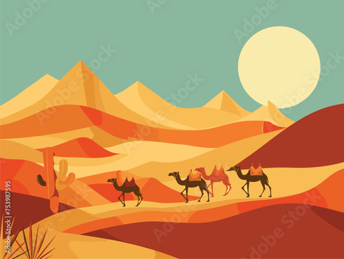 Camels trekking through the desert landscape under the vast sky