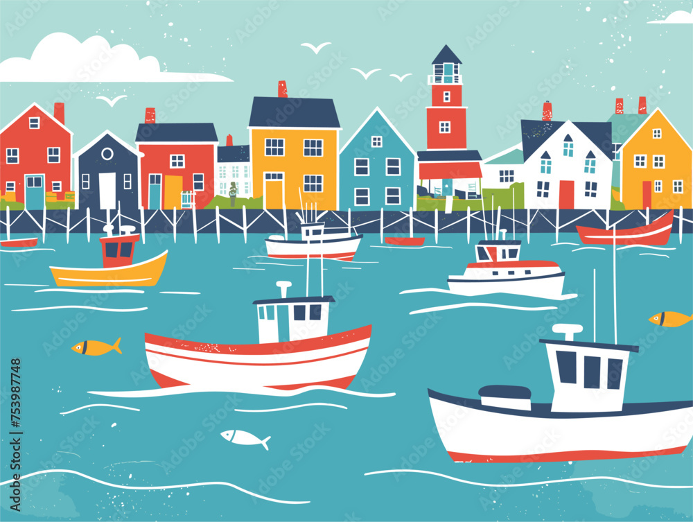 Obraz premium A daytime painting of a harbor with azure water, boats, and buildings