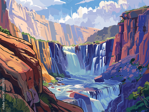 A stunning painting of a waterfall cascading in a canyon