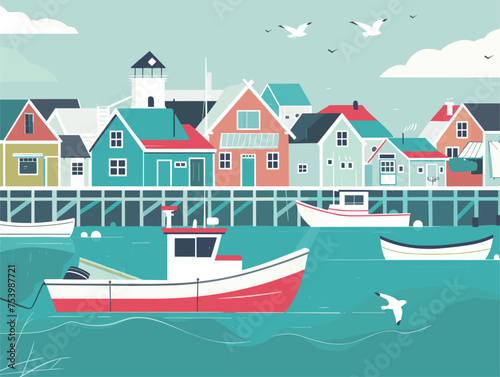 Illustration of boats in azure water by fishing village