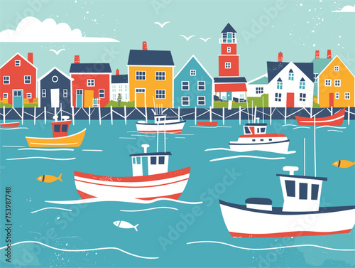 A daytime painting of a harbor with azure water, boats, and buildings