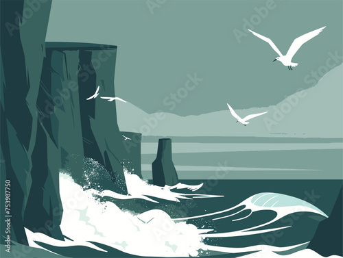 Birds with white and black wings fly over the ocean near a cliff